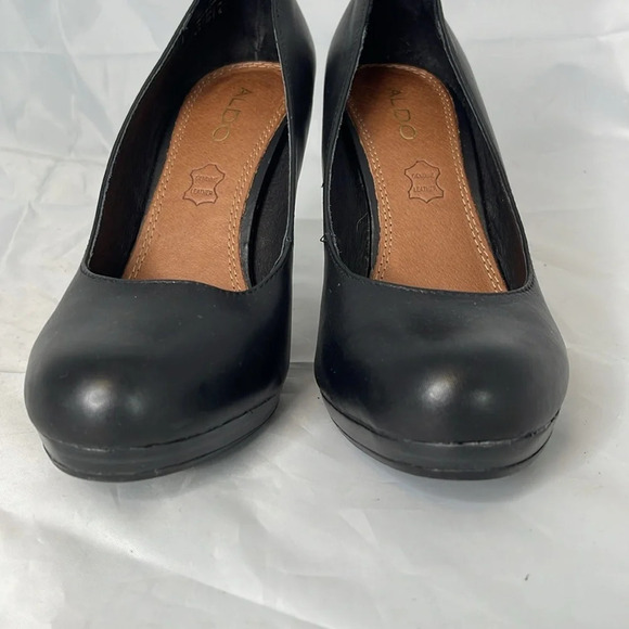 ALDO Black Genuine Leather Platform Pumps Shoes Heels Round Toe 8.5 - Picture 3 of 14
